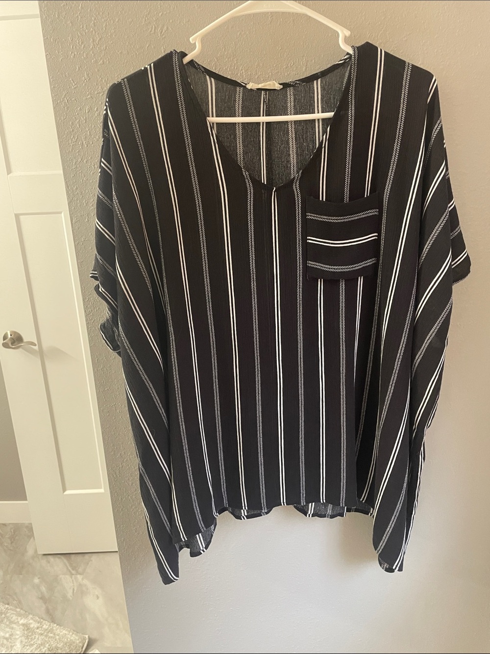 Striped V-Neck Pocket Tunic in Black and White